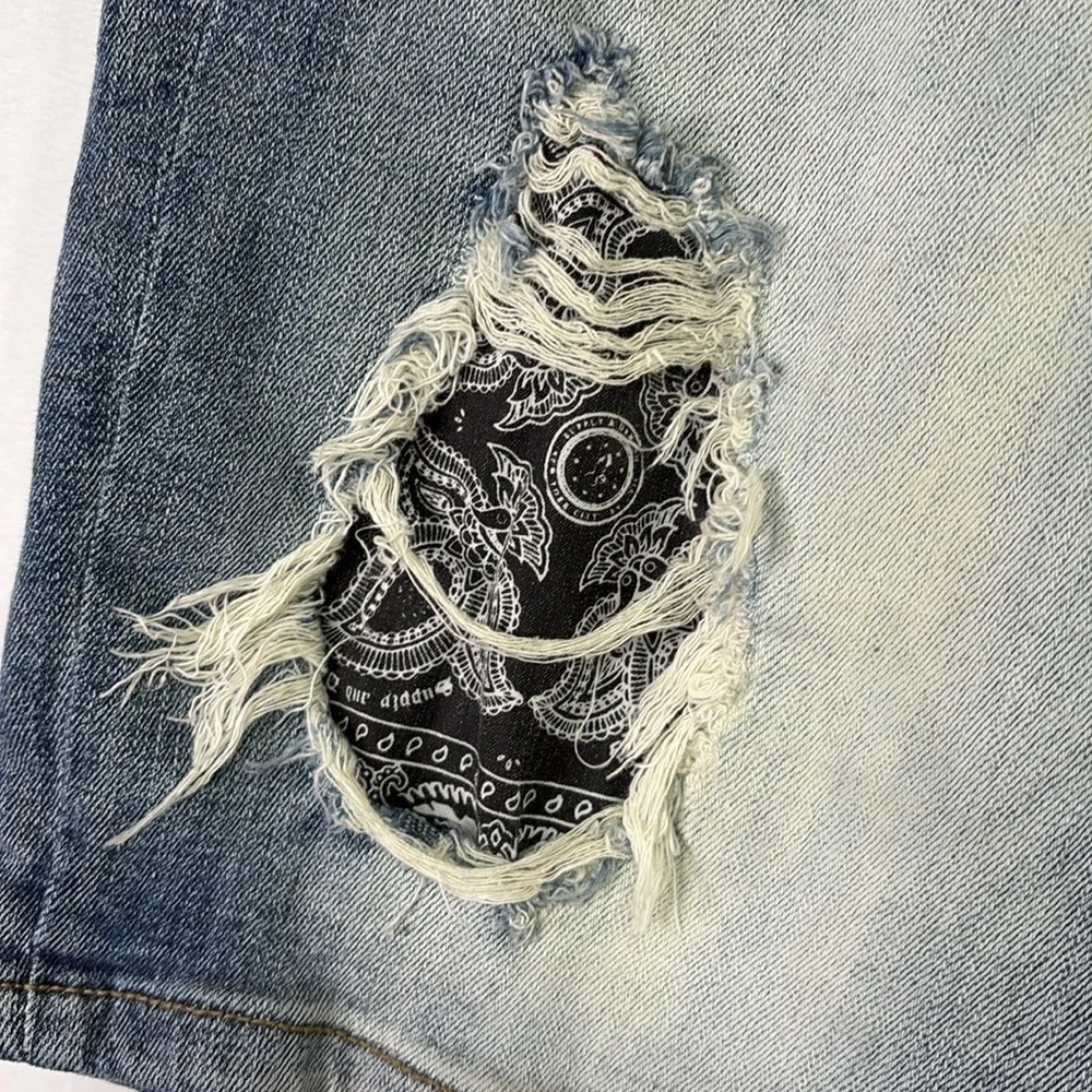 🍕 supply and demand distressed, long jean shorts with black bandanna patch